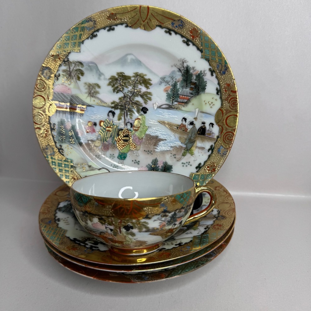 Vintage 5-Pc Kutani Japanese Eggshell Porcelain Teacup & Bread Plates Gold Gilt